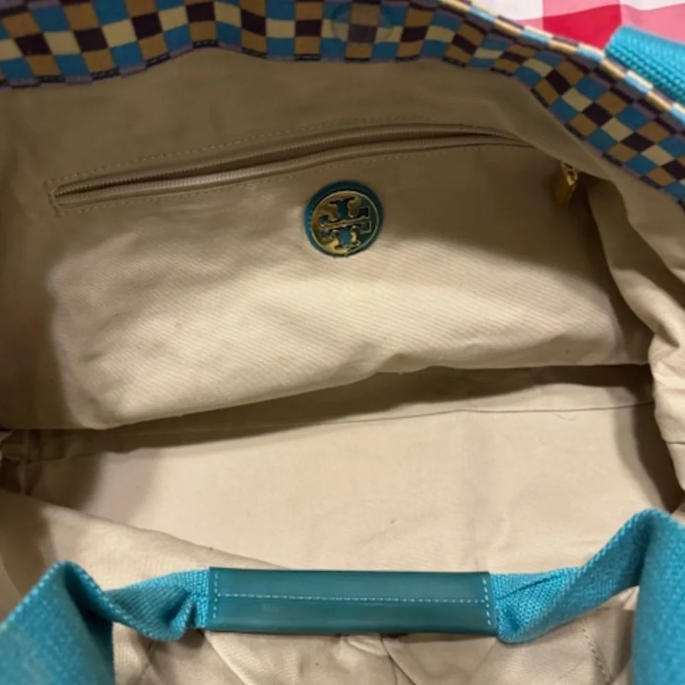 Tory Burch Multicolor Check Canvas Tote with Teal Trim